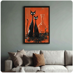 Framed mid-century modern oil painting two slender black cats with piercing white eyes sitting upright beside clear glass vase on bold orange red brushstroke background canvas print centered above cream sofa on muted blue-grey wall - retro atomic age two black cats orange wall art for modern Scandinavian living room decor