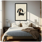Black framed minimalist dachshund wall art canvas hung above a dark wood bed with white linen bedding in a sunlit neutral bedroom with warm natural light and shadow
