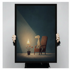Person holding large framed minimalist illustration slender cream dog standing beside brown vintage armchair with glowing table lamp and red flower pot canvas print with both hands - close up view of serene moody teal background dog wall art with black frame finish