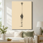 Gallery wrap canvas art featuring a whimsical black ink line drawing of a full-body giraffe with an exaggerated long neck on a soft cream background, hung above a white sofa in a modern Scandinavian living room