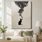 Minimalist black cat silhouette smoking pipe gallery wrap canvas art with ornate smoke cloud above a white sofa with sage green cushions, a knit throw blanket, and a ceramic table lamp