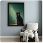 Black framed moody oil painting black cat with whiskey and cigarette canvas art showing a fluffy disheveled black cat with vivid glowing amber orange eyes sitting with a smoldering cigarette dangling from its mouth and a glass of golden whiskey beside it with a thin smoke curl drifting upward against a deep atmospheric teal green oil-painted background, displayed beside a white linen wood-frame folding chair with a cream throw