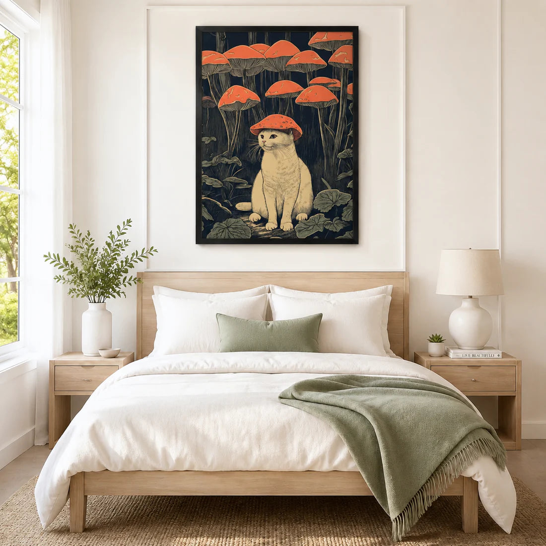 Mushroom Hat Cat Japanese Woodblock Canvas Art