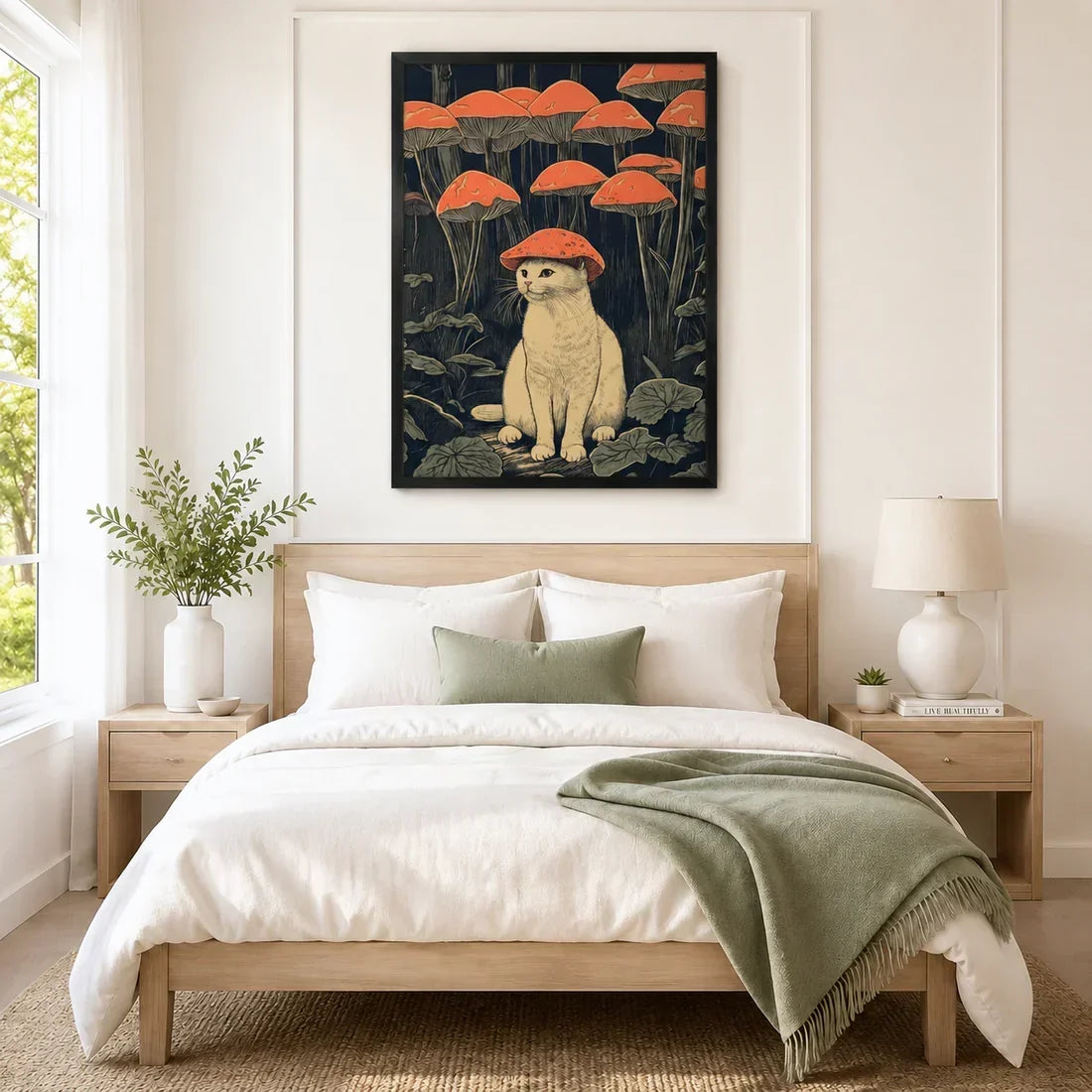 Mushroom Hat Cat Japanese Woodblock Canvas Art