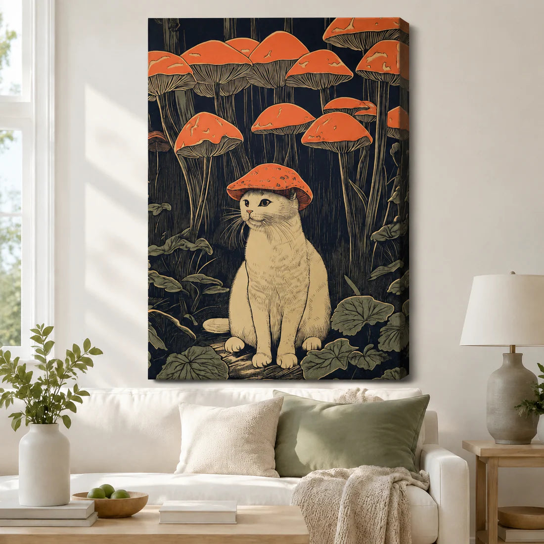 Mushroom Hat Cat Japanese Woodblock Canvas Art