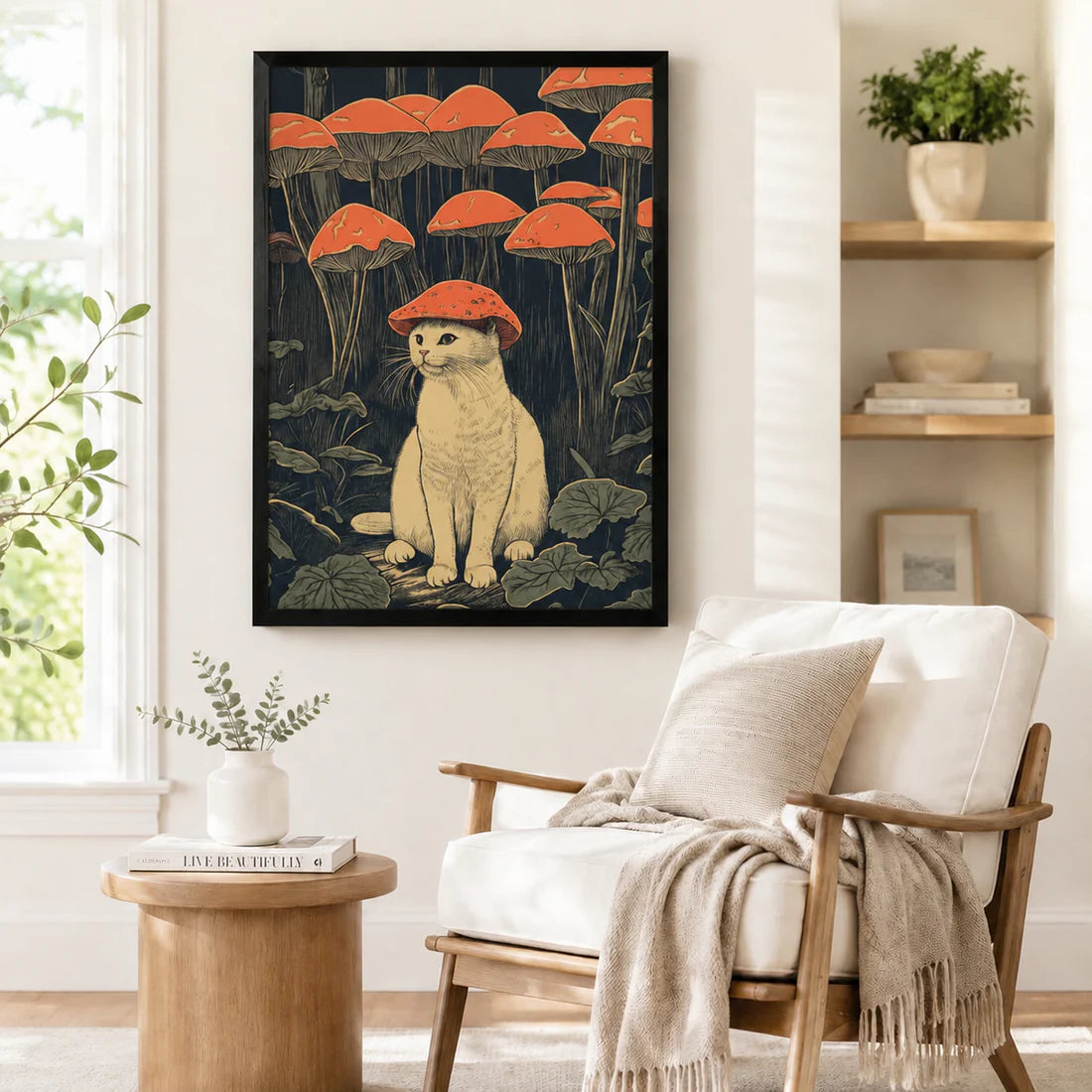 Mushroom Hat Cat Japanese Woodblock Canvas Art