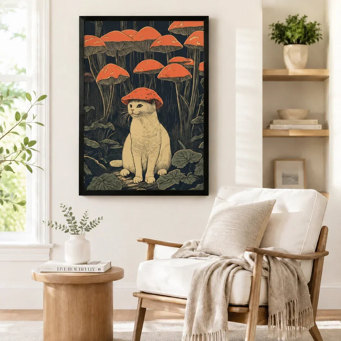 Mushroom Hat Cat Japanese Woodblock Canvas Art