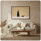 Framed minimalist old man walking dachshund canvas print above cream linen sofa in warm neutral Scandinavian living room - elegant vintage figure with sausage dog on leash wall art on sandy beige background for cozy contemporary home decor
