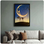 Gothic skeleton moon and black cat framed art print above cream bouclé sofa on sage grey wall - dark fantasy illustration canvas wall decor with deep blue and golden amber night sky palette