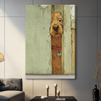 Main product image of a funny dog peeking through a wooden door gap wall art print with black frame on a clean white background