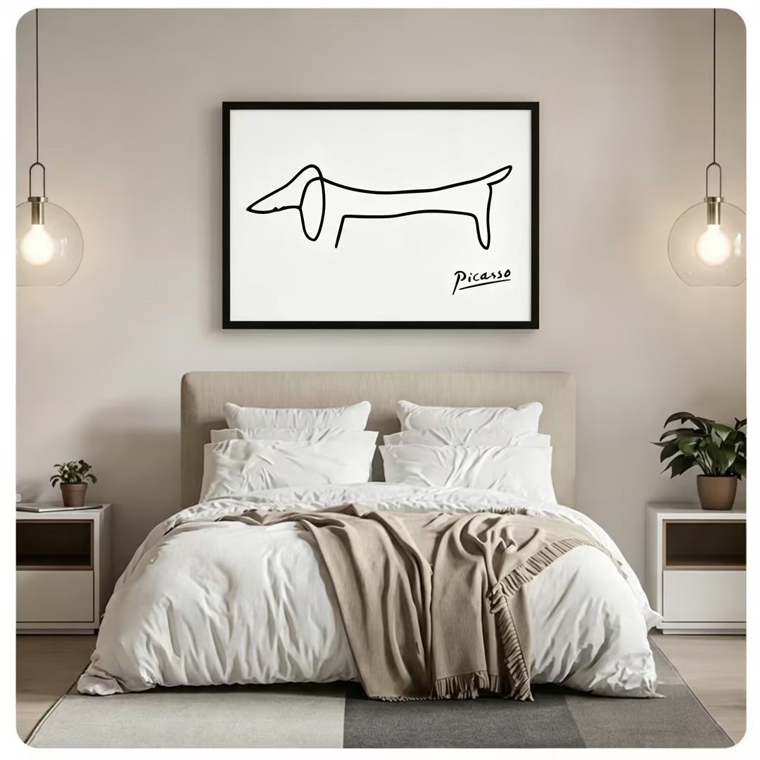 Black framed Picasso minimalist one-line dachshund horizontal canvas art on white background above a bed with white linen bedding, a taupe throw blanket, white open nightstands, potted plants, and globe pendant lights in a modern bedroom