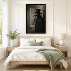Gothic plague doctor dark framed canvas wall art hung above bed as dramatic bedroom statement piece