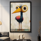 Quirky big-eyed bird with yellow beak and navy blue feathers framed wall art - humorous expressionist oil painting canvas print with vintage cream textured background and pink chest for living room decor