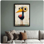 Quirky big-eyed bird framed art print above cream bouclé sofa on sage grey wall - funny expressionist bird canvas wall decor with bold yellow beak oversized black eyes and vintage cream palette