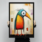 Colourful quirky toucan art print in black frame held in hands, showing large print size and bold brushstroke quality