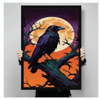 Close-up size reference of a black-framed gothic raven art print showing a dark crow perched on a gnarled branch with a golden full moon and orange night sky, held by two hands