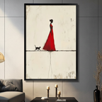 Minimalist red dress woman silhouette with black cat framed wall art - abstract figurative canvas print for modern living room decor