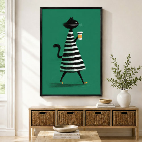 Black framed retro chic black cat with coffee canvas art with a sleek black cat in a bold black and white striped A-line dress striding confidently while holding a takeaway coffee cup on a vibrant emerald green background, displayed above a rattan storage console in a bright entryway
