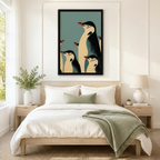 Retro penguin family framed wall art above a neutral Scandinavian bedroom bed, mid-century modern emperor penguin illustration on teal blue as statement bedroom decor