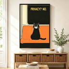 Retro subway-style black and white cat sitting on orange seat "Privacy? No." black framed canvas art above a rattan sideboard with wicker baskets, stacked books, and a white ceramic vase in a Scandinavian living room