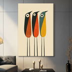Unframed canvas print of three retro abstract birds with big round eyes in orange teal and yellow on a cream background hung in a modern grey living room