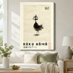 Rūku Hāmā sumi-e bird gallery-wrapped stretched canvas hung above white sofa in a serene Japandi living room with sage green accents