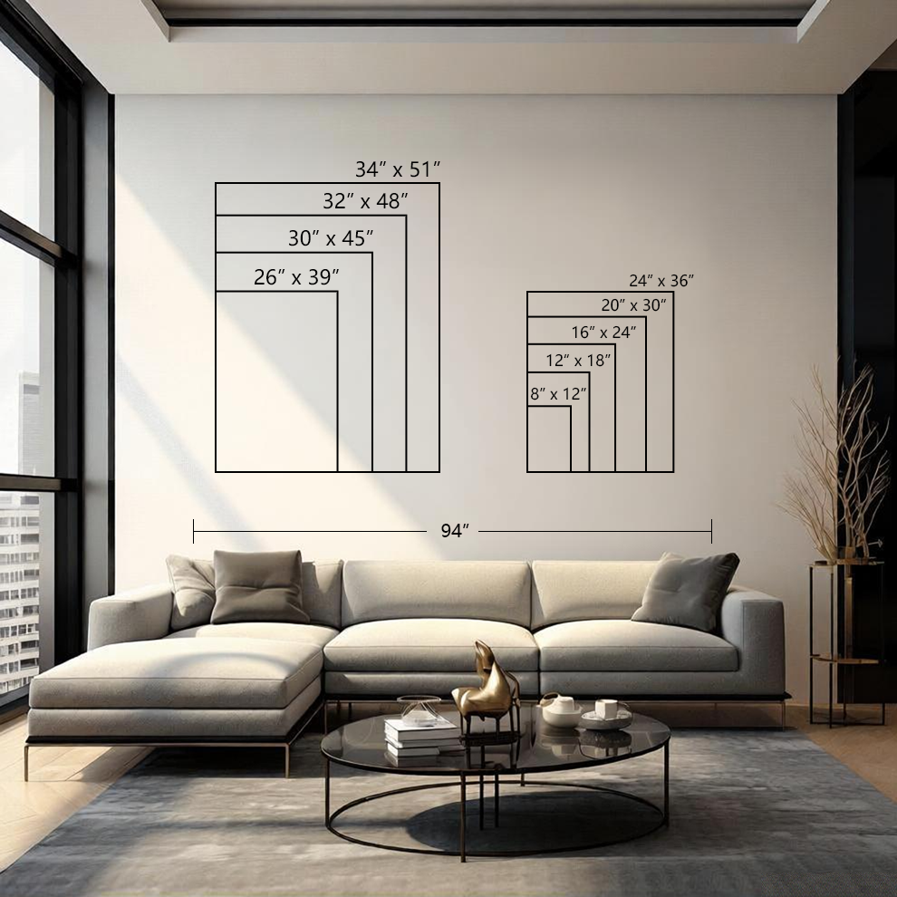 Sailor Labrador canvas wall art size comparison chart — all 9 vertical sizes from 8x12 to 34x51 shown to scale