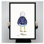 Hands in black sleeves holding a large black framed funny seagull back view watercolor canvas art print with navy blue bird and yellow legs on white background, front-facing vertical product size display