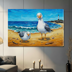 Stretched canvas seagull beach art gallery wrap with painted sides displayed on dark panel wall coastal decor