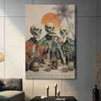 Unframed retro pop art three skeletons in tropical Hawaiian shirts drinking whiskey with cigar at sunset canvas print on dark grey wall in contemporary living room - funny skull party with palm trees and orange sun oil painting wall art for modern interior decor