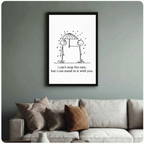 Framed stick figure couple sharing umbrella love quote canvas print above cream sofa on sage green wall - minimalist black and white i can stand in it with you romantic wall art for stylish living room decor
