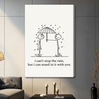 Unframed minimalist stick figure couple under umbrella in rain canvas print on dark grey wall in contemporary living room - romantic black and white love quote wall art with hand-drawn illustration for modern interior decor