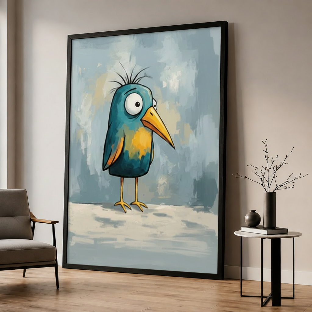 Teal Bird in Black Frame Scene
