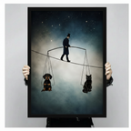 	Hand-held black framed poster of tightrope man balancing dog and cat under night stars – surreal pet art size preview