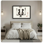 Framed Chinese brush painting of two black cats with entwined tails hung above a neutral-toned bed with pendant lights — romantic bedroom wall art