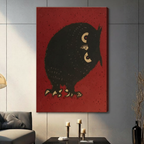Retro Japanese style round black owl gallery wrapped canvas print on crimson red background on a gray wall in a modern living room with dark gray sofa, black candlesticks, and decorative vase