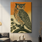 Bold retro woodblock print style great horned owl on orange and cream background gallery wrapped canvas print on a dark gray wall in a modern living room with gray sofa, black candlesticks, and decorative black vase