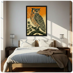 Bold vintage linocut great horned owl perched on branch framed wall art above a dark wood bed with white linen bedding, a taupe throw blanket, and matching white bedside lamps in a sunlit modern bedroom
