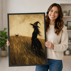 Person holding a large vertical black framed vintage witch and black cat in a wheat field canvas art print showing a witch in a pointed hat with flowing hair standing in a golden grassy field beside a black cat in warm sepia oil-paint texture in a bright plant-filled room