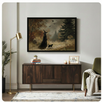Dark autumn forest witch and black cat framed wall art in vintage oil painting style above a dark walnut sideboard with stacked books a brass floor lamp olive green armchair and a cream knit throw