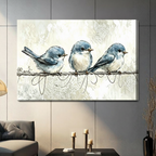 Watercolour painting of three blue birds sitting on a twisted wire, gallery wrap canvas art on a light gray living room wall