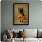 Whimsical crow character in orange fluffy dress holding a handbag, framed wall art print for living room decor