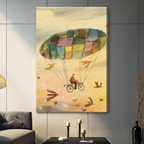 Unframed stretched canvas print of a dreamy old man on a bicycle lifted by a large colorful patchwork parachute floating through a warm amber sky with scattered colorful birds in whimsical watercolor illustration style
