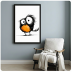 Black-framed whimsical art print of a chubby black bird with messy feathers, large round eyes, and a vivid orange chest in a loose ink sketch style, styled beside a white armchair on a blue-gray wall