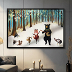 Whimsical oil painting style forest animals music party black bear playing banjo red fox dancing rabbit drumming squirrel and owl in snowy forest with glowing string lights black framed horizontal canvas art on a dark gray paneled wall above a charcoal sofa with brass candle holders