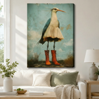 Stretched canvas whimsical heron in red boots and ruffled skirt vintage-style wall art hung above a white sofa with sage green cushions in a Scandinavian living room