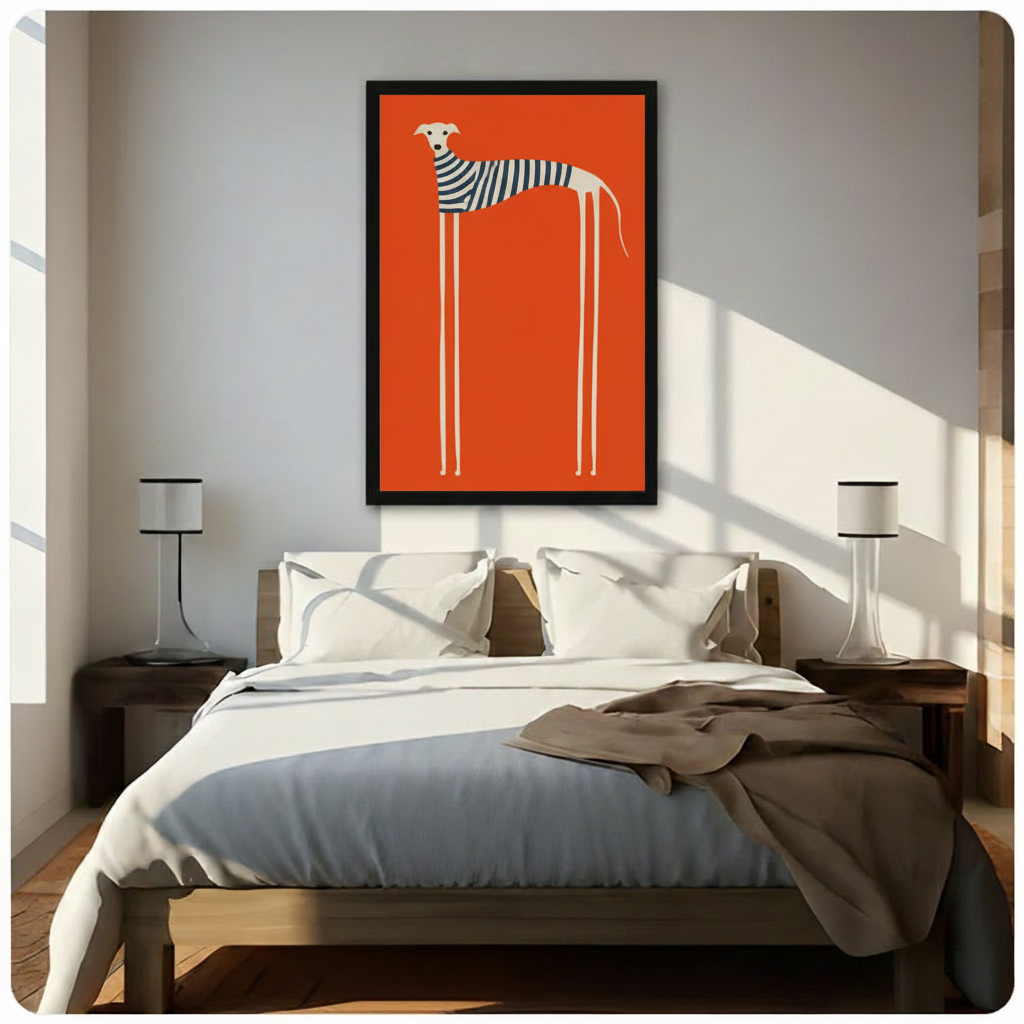 Framed minimalist canvas art of a stylized greyhound wearing a striped sweater on an orange background, displayed above a bed in a bright modern bedroom with natural wood furniture