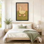 Framed whimsical duck wall art with pink rain boots and soft peach sky tones, hung above a minimalist Scandinavian bed with sage green accents, perfect for bedroom or nursery wall decor