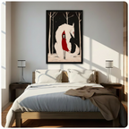 Framed dark fantasy canvas of a red-hooded girl and a giant white wolf in a snowy forest, displayed above a wooden bed in a sunlit minimalist bedroom
