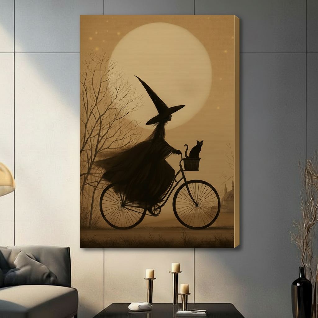 Gallery wrap canvas of witch riding bicycle with black cat under glowing moon, sepia tone gothic wall art for living room
